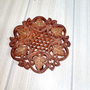 Vintage MCM Wood Hand Carved Footed Trivet Floral Hotplate Made In India